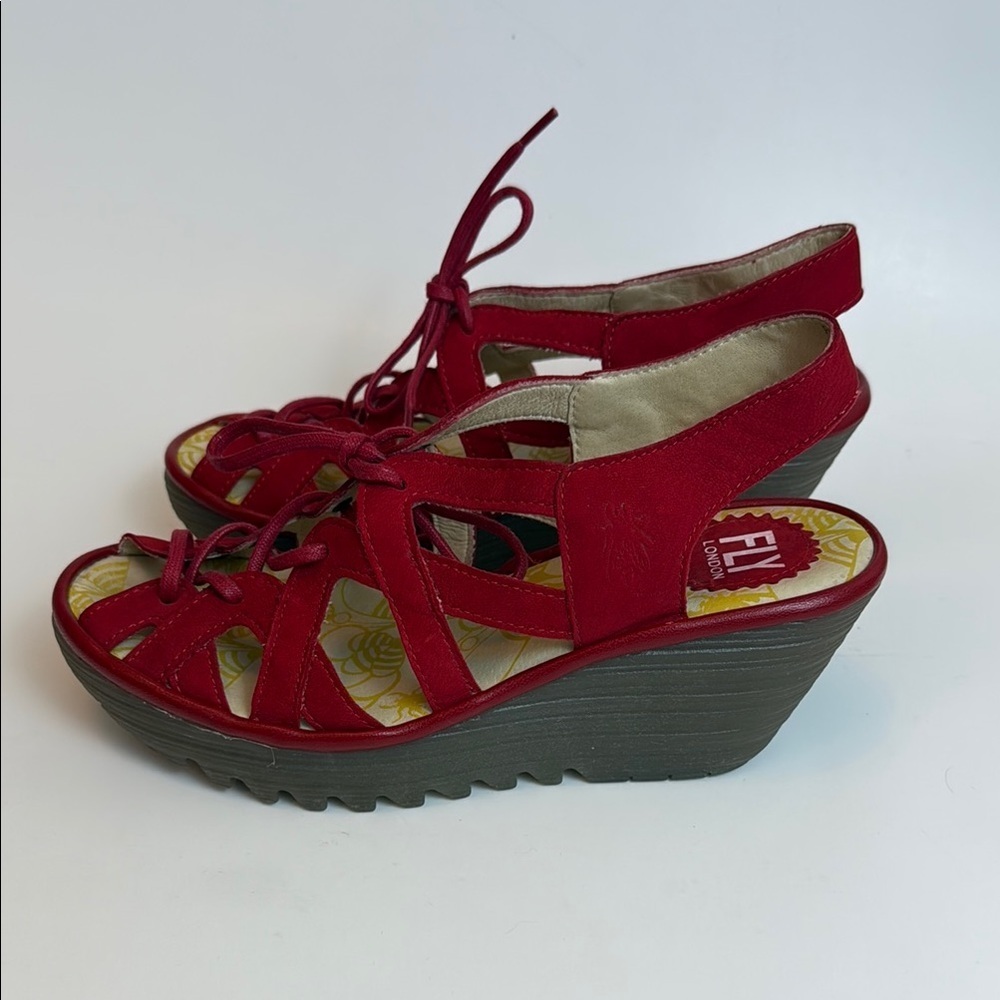 Fly London Red Strappy Wedge Sandals‎ with Gladiator Style Size 37